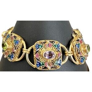 Vtg Chinese Export Bracelet Gold Over Sterling Silver Enamel Amethyst Peridot